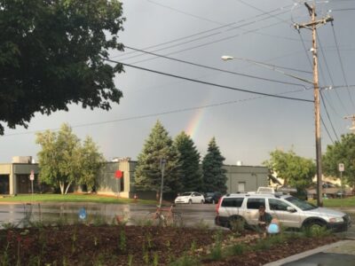 The newly planted garden in front of a busy industrial street on a cloudy day with a rainbow in the sky.