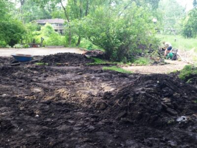 A bare dirt field recently weeded with a wetland behind.