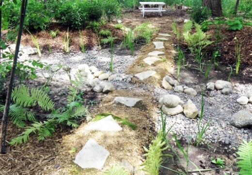 A rocky dry stream with a path running through it to a white picnic bench next to a wetland.