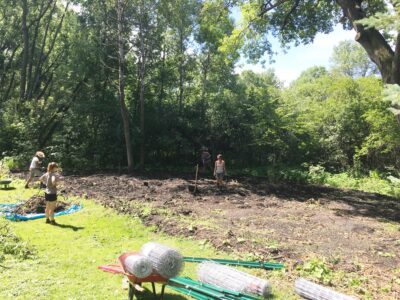 Four landscape crew members preparing to fence a newly cleared dirt area lined with thick trees behind.