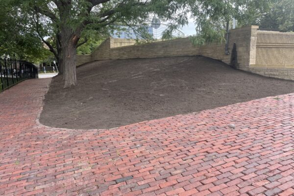 A steep slope of barren dry soil bounded by a block-long public walk and a tall retaining wall in a commercial pedestrian zone in the City of Minneapolis.